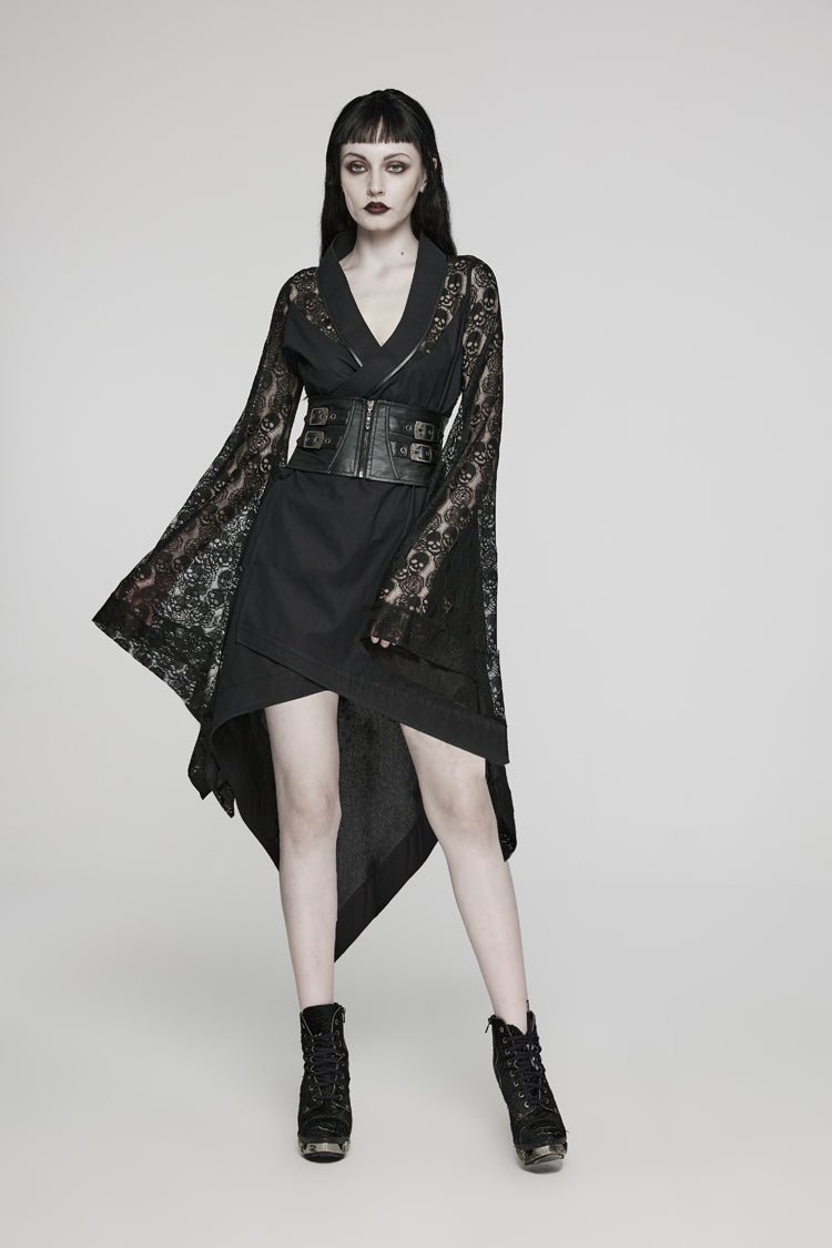 Black Irregular Hem Skull Print Hollow Stitching Womens Steampunk Kimono Dress