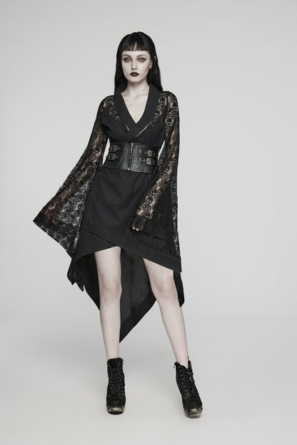 Black Irregular Hem Skull Print Hollow Stitching Womens Steampunk Kimono Dress