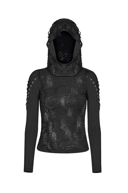Black Broken Holes Arm DrawString Long Sleeve Hooded Knit Tight  Women's Gothic T-Shirt
