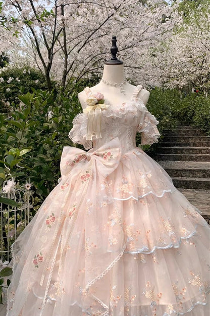 Apricot [Diana's Flowers] Sleeveless Multi-Layered Ruffle Hanayome Bowknot Lace Sweet Gorgeous Lolita Jsk Dress