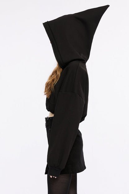 Black Long Sleeves Hooded Short Loose Women's Punk Shirt