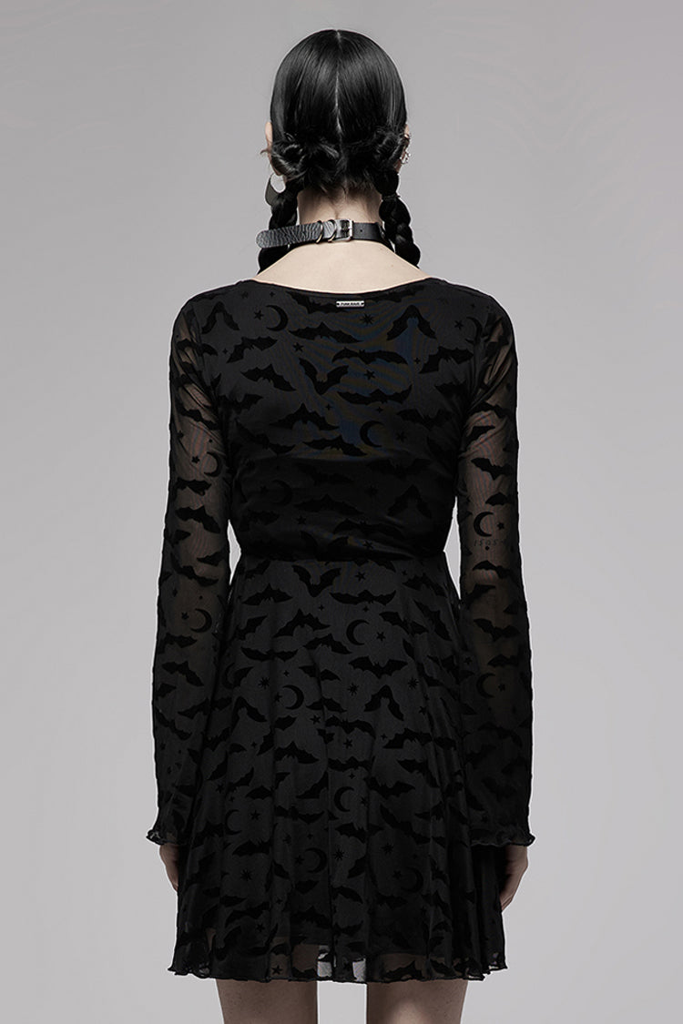 Black Minimalist Flared Sleeve Bat Moon Flocking Print Pattern Long Sleeves Punk Women's Dress