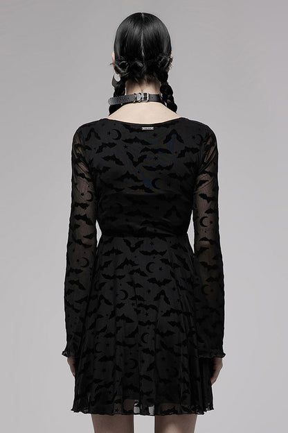 Black Minimalist Flared Sleeve Bat Moon Flocking Print Pattern Long Sleeves Punk Women's Dress