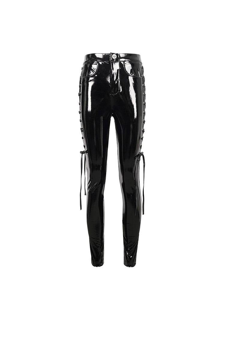 Black Patent Leather Side Cutout Lace Up Women's Punk Pants