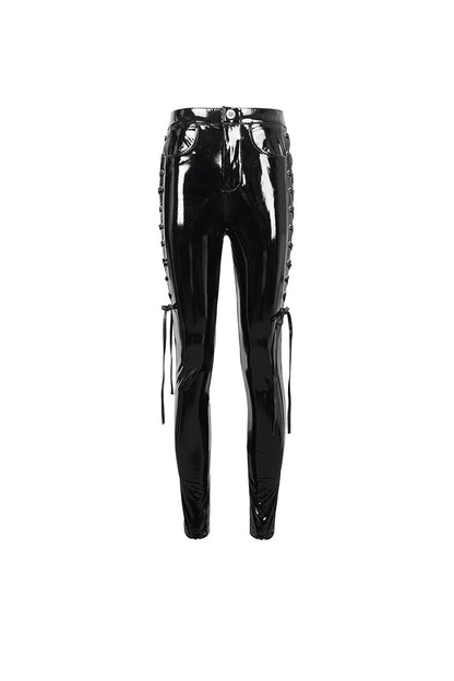 Black Patent Leather Side Cutout Lace Up Women's Punk Pants