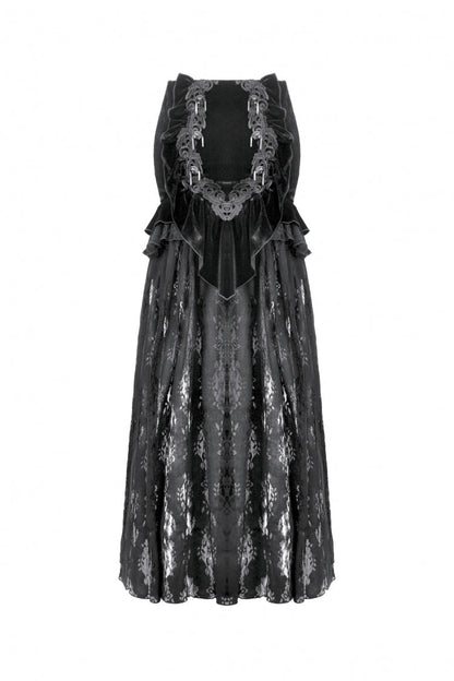 Black Multi-Layered Ruffled Velvet Spliced Lace Lace-Up Women's Gothic Long Skirt