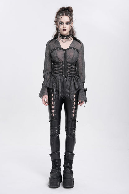 Black Long Sleeves Embroidery Lace-Up Irregular Sheer Women's Gothic Blouse