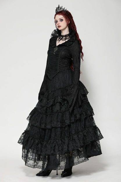 Black Lace Ruffled V Stand Collar Long Flared Sleeves Jacquard Women's Gothic Blouse