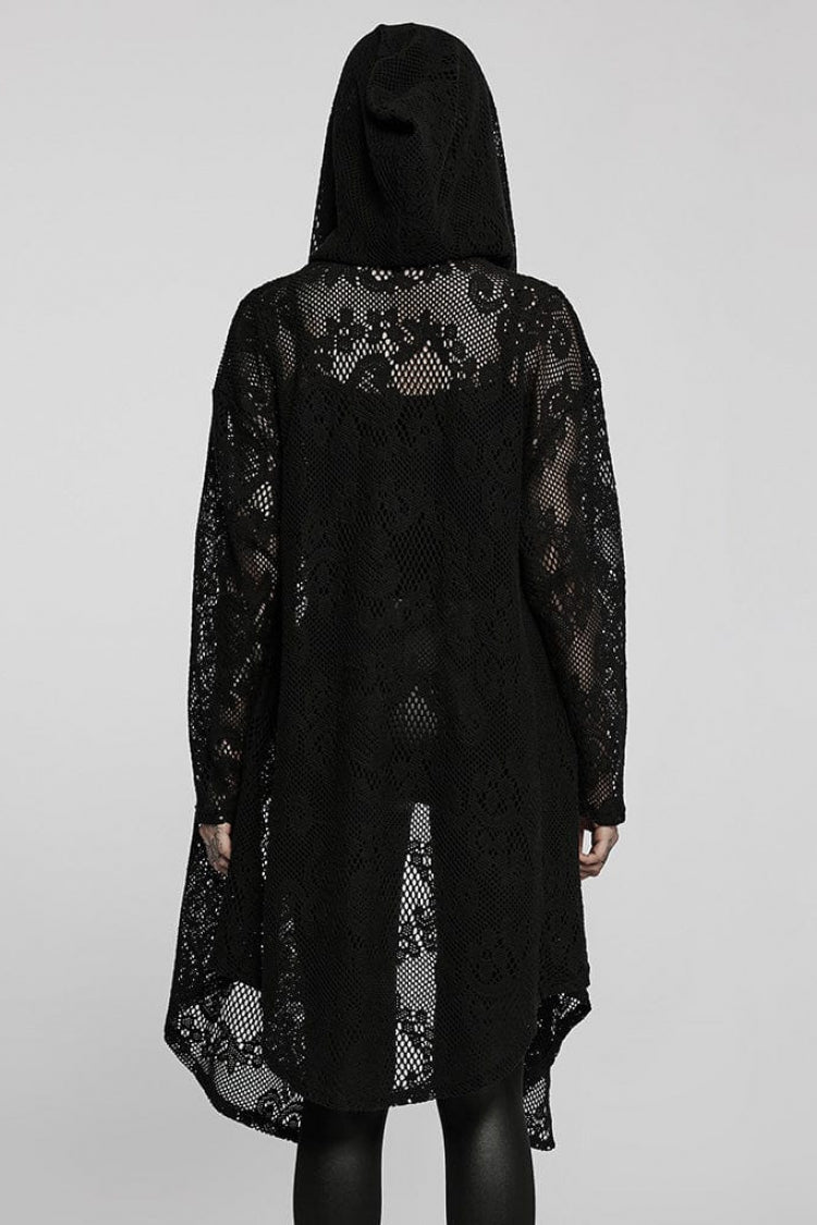 Black Floral Print Hollow Mesh Hooded Womens Gothic Coat