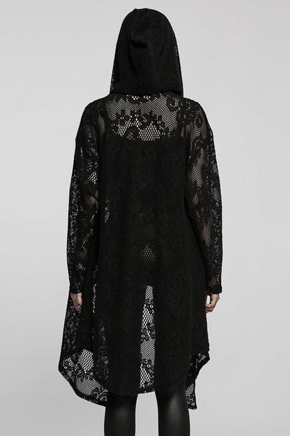 Black Floral Print Hollow Mesh Hooded Womens Gothic Coat