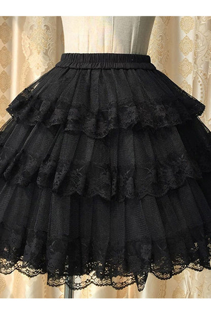 Black Cotton Organza Lining Lace Gothic Lolita Tiered Skirt