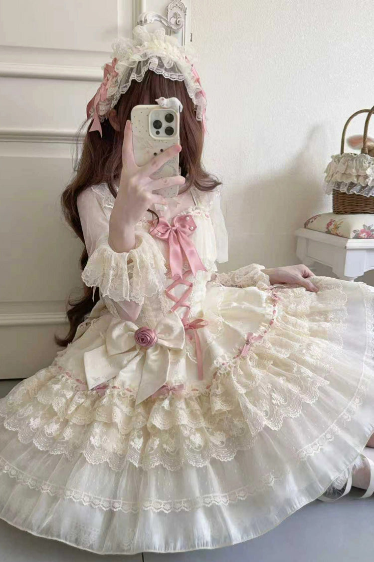 Apricot [Rose Canticle] Sleeveless Multi-Layered Bowknot Lace Lace-Up Pearl Ballet Sweet Lolita Jsk Dress