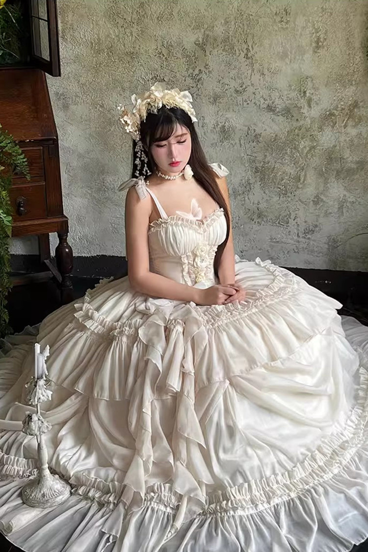Apricot/Beige [Antique Bride] Sleeveless Multi-Layered Ruffled Bow Lace Sweet Elegant Gorgeous Full Skirt Lolita Jsk Dress