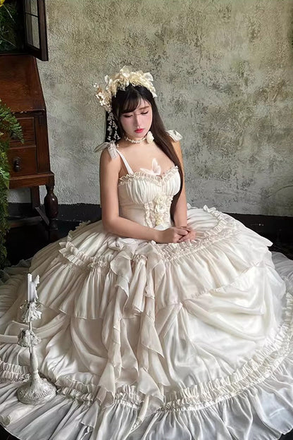Apricot/Beige [Antique Bride] Sleeveless Multi-Layered Ruffled Bow Lace Sweet Elegant Gorgeous Full Skirt Lolita Jsk Dress