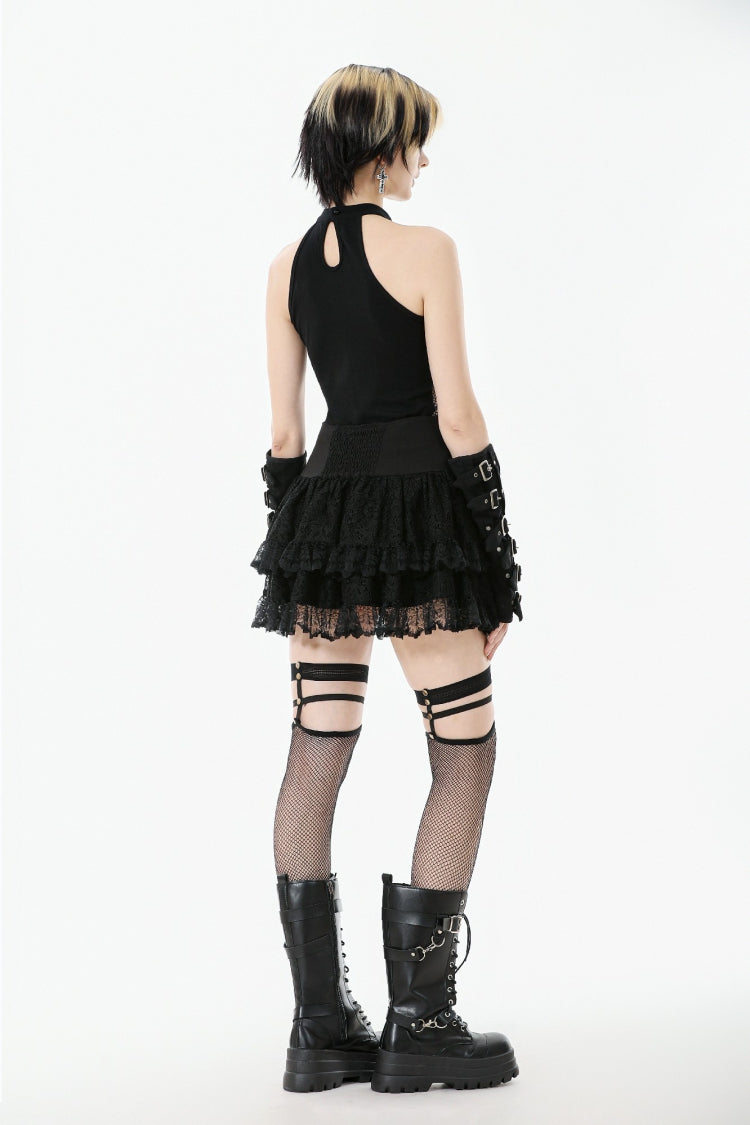 Black Off Shoulder Halterneck Sleeveless Mesh Eyelet Strap Women's Punk Top