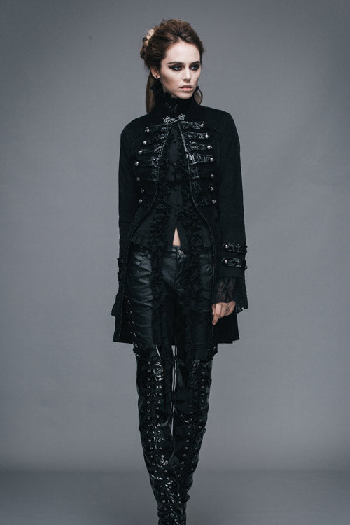 Black Floral Flocking Leather Loops Stand Collar Poncho Womens Gothic Coat