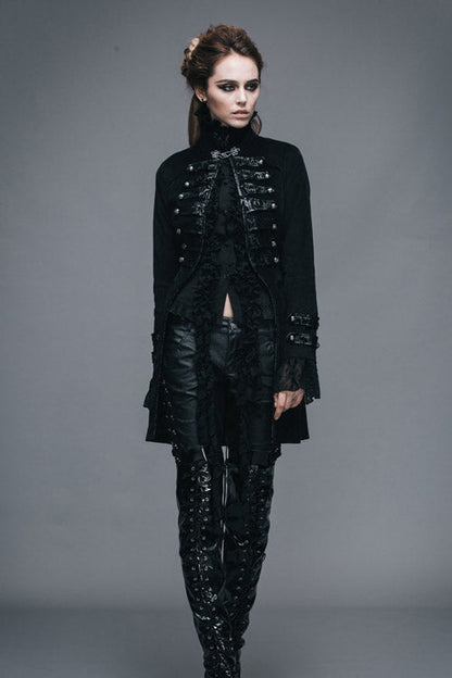 Black Floral Flocking Leather Loops Stand Collar Poncho Womens Gothic Coat