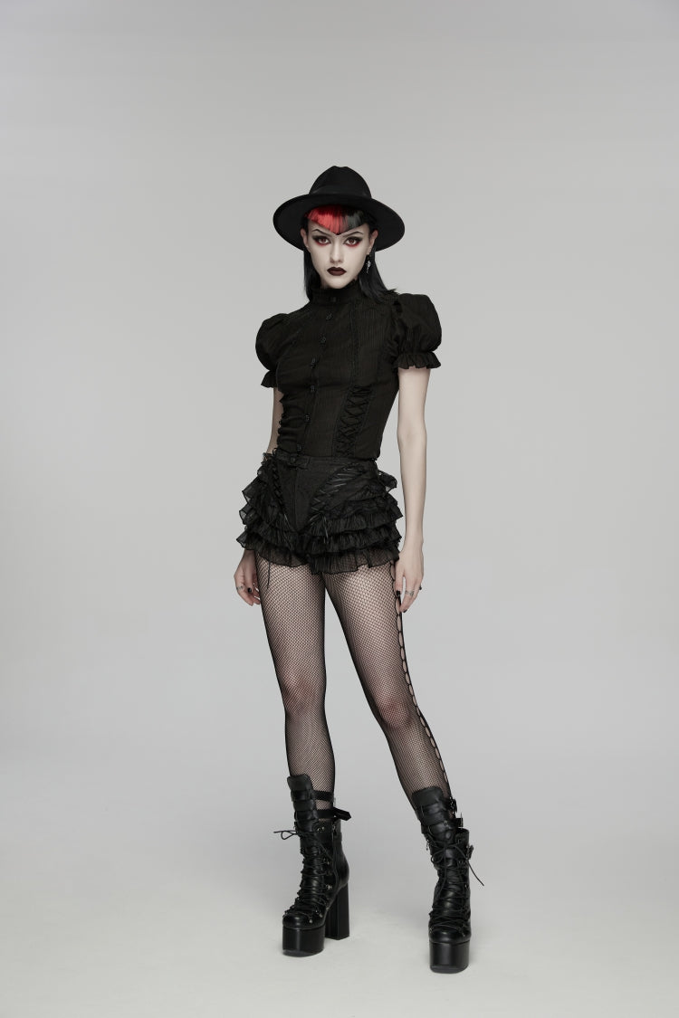 Black Multi-Layered Embroidered Lace Lace-Up Pleated Women's Gothic Shorts
