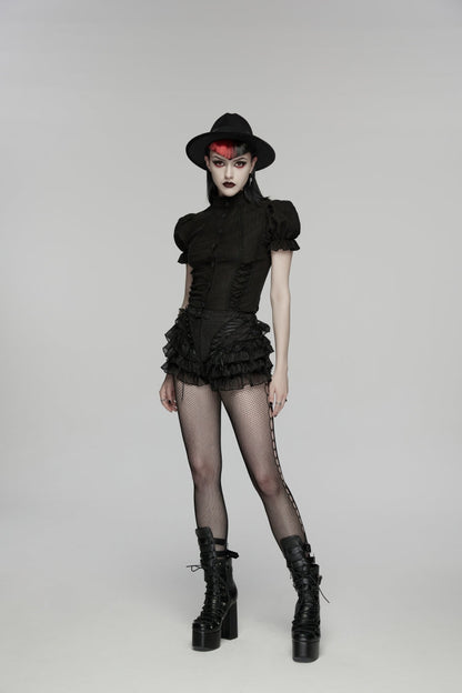 Black Multi-Layered Embroidered Lace Lace-Up Pleated Women's Gothic Shorts