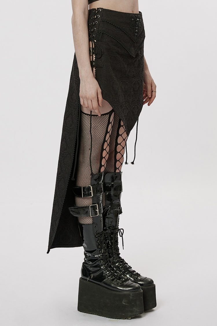 Black Jacquard Butterfly Embroidery Lace Irregular Women's Steampunk Skirt