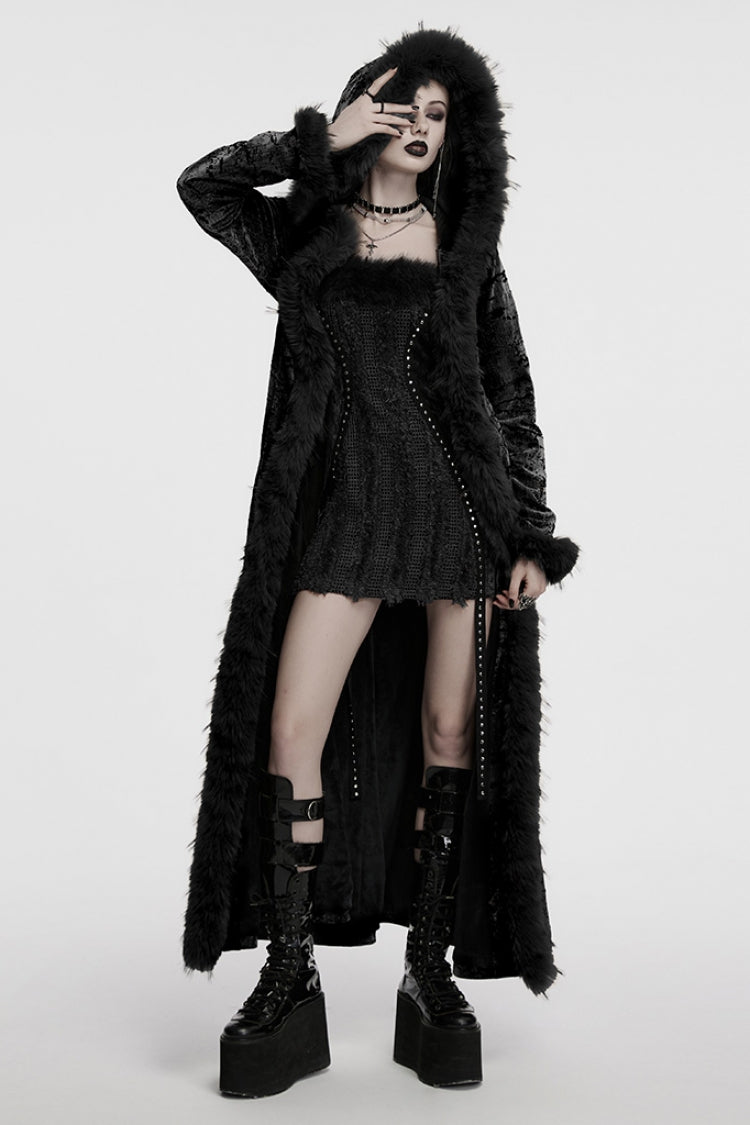Black Long Sleeves Faux Fur Stitching Lace-Up Hooded Women's Gothic Coat