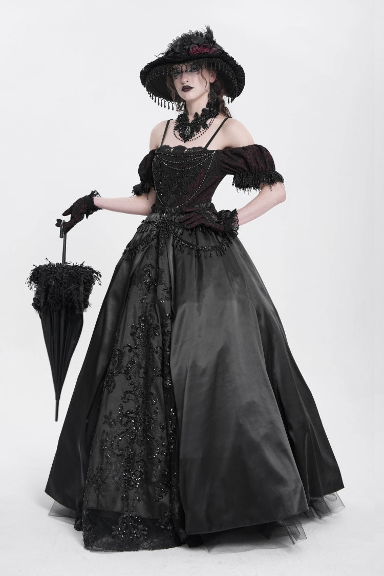 Black Off Shoulder Short Sleeves Jacquard Cardigan Stitching Lace Women's Gothic Dress
