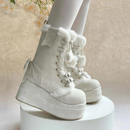 Beige Cute Platform Thick-Soled Bowknot Lace-Up Sweet Lolita Plush Boots
