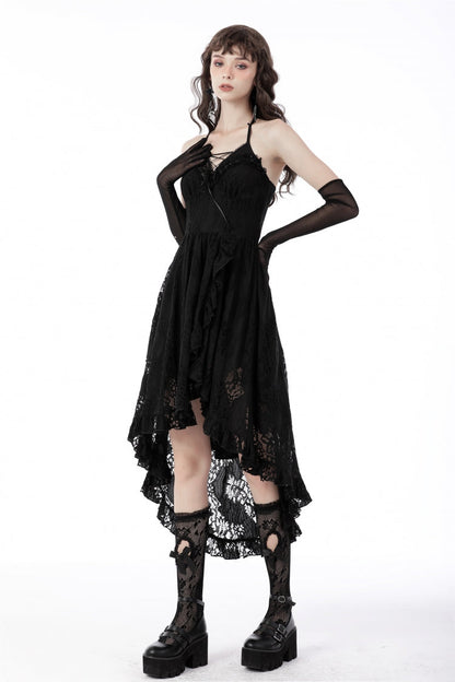 Black Off Shoulder Halterneck Ruffled Lace-Up Swallow Tail Floral Lace Women's Gothic Dress