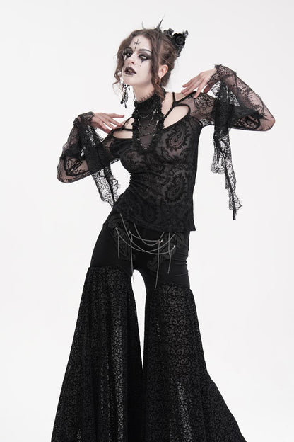 Black Long Sleeves Hollow Lace Mesh Ripped Women's Gothic Blouse