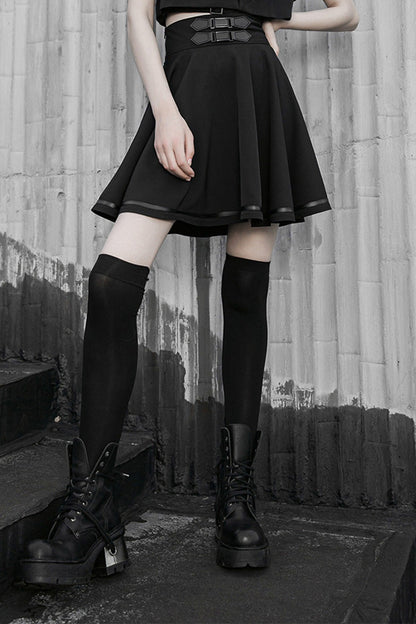 Black Casual High Waist Belted Women's Steam Punk Skirt