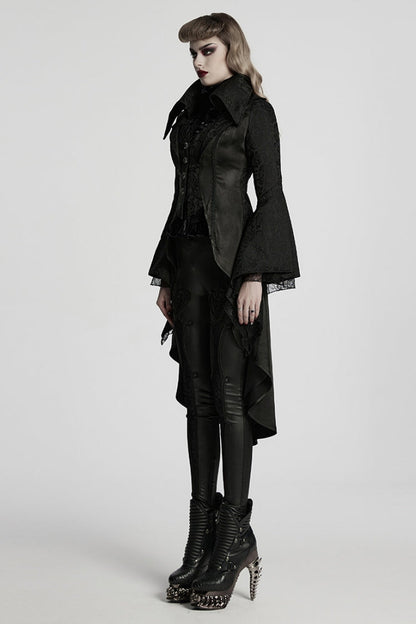 Black Lapel Collar Long Trumpet Sleeves Jacquard Women's Gothic Jacket