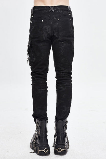 Black Patchwork Asymmetric Rivet Studded Punk Leather Mens Pants