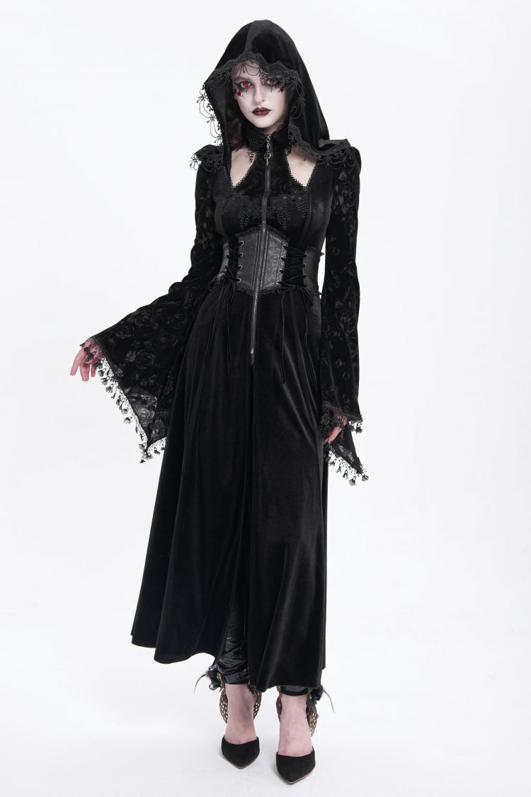 Black Long Sleeves Hollow Embroidery Hooded Ripped Women's Gothic Dress Coat