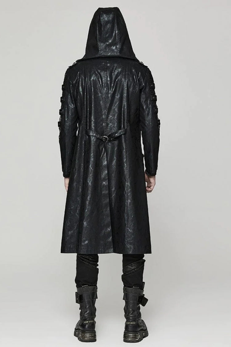 Black Crackled Mesh Hollow Stitching Hooded Mens Steampunk Coat
