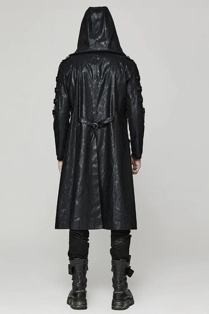 Black Crackled Mesh Hollow Stitching Hooded Mens Steampunk Coat