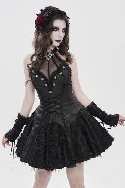 Black Off Shoulder Sleeveless Printed Spliced Lace Lace-Up Pleated Women's Gothic Dress