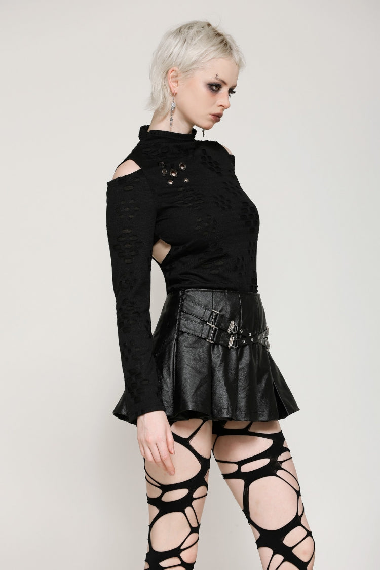 Black Long Sleeves Cut-Out Ripped Zippered Eyelets Women's Punk Distressed Top