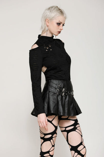 Black Long Sleeves Cut-Out Ripped Zippered Eyelets Women's Punk Distressed Top