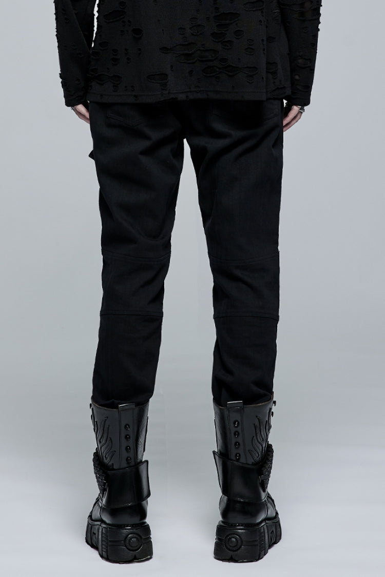 Black Faux Leather Stitching Metal Buttonhole Men's Steampunk Pants