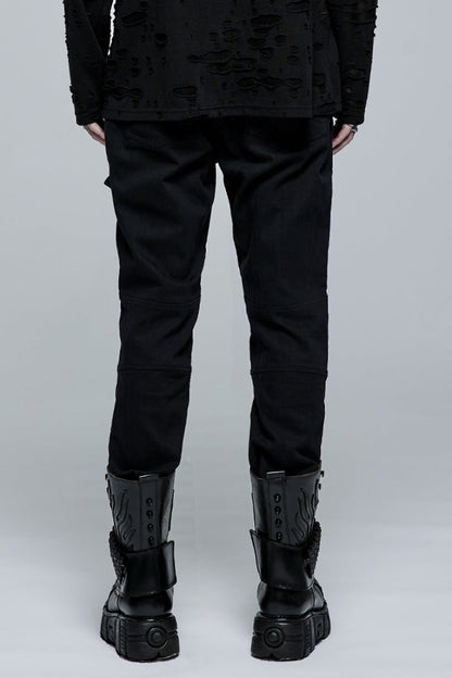 Black Faux Leather Stitching Metal Buttonhole Men's Steampunk Pants