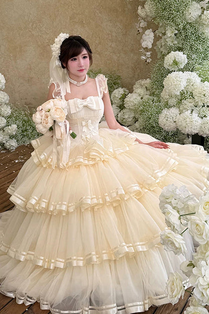 Apricot [Sweet Organza Satin] Sleeveless Multi-Layered Ruffled Hanayome Bow Lace Sweet Elegant Princess Lolita Jsk Dress