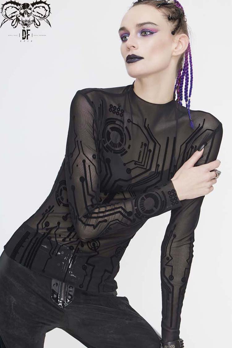 Black Long Sleeve The Printed Flocking Mesh Rough Selvedge Women's Punk Shirt