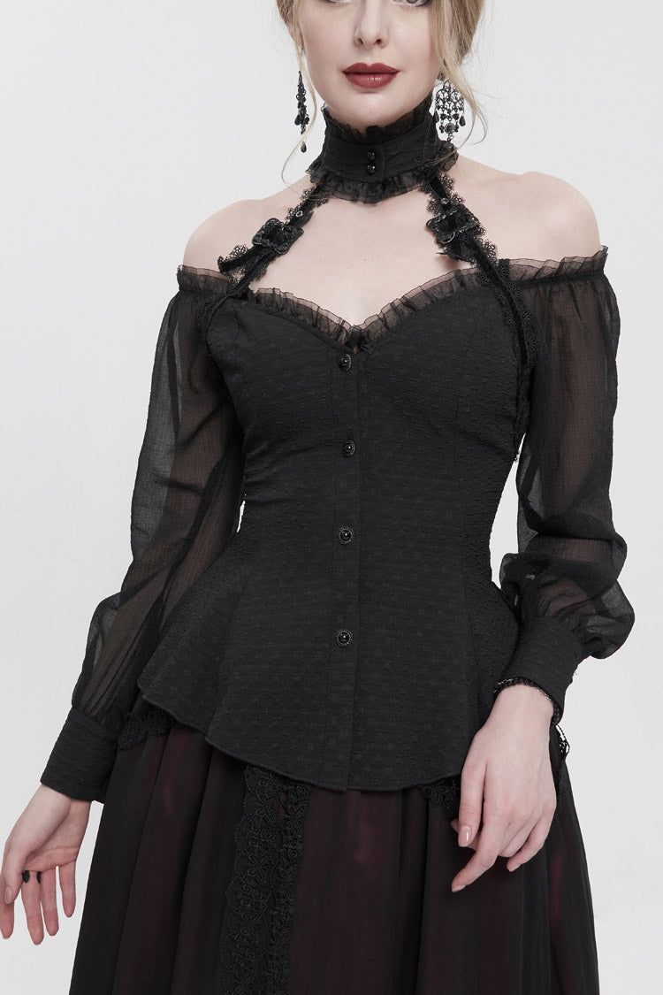 Black Long Sleeve Lace Trim Panel Woven Adjustable Back Women's Gothic T-Shirt