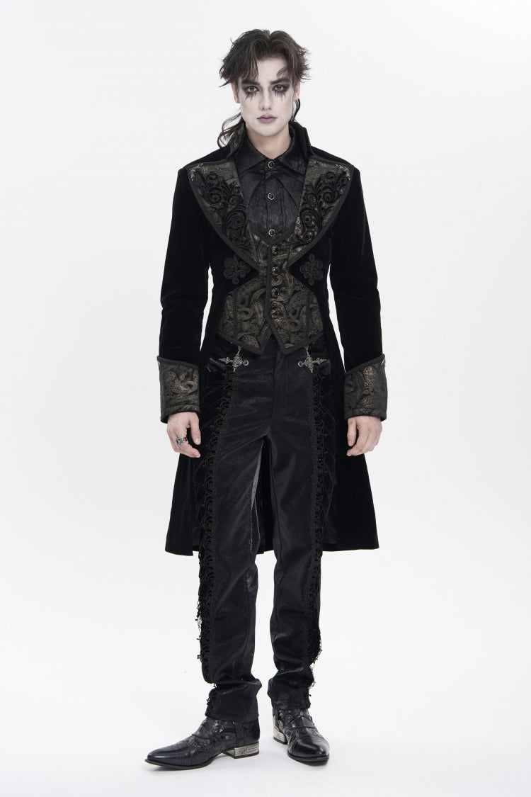 Black Lapel Collar Long Sleeves Jacquard Embroidered Slim Color-Blocked Men's Gothic Jacket