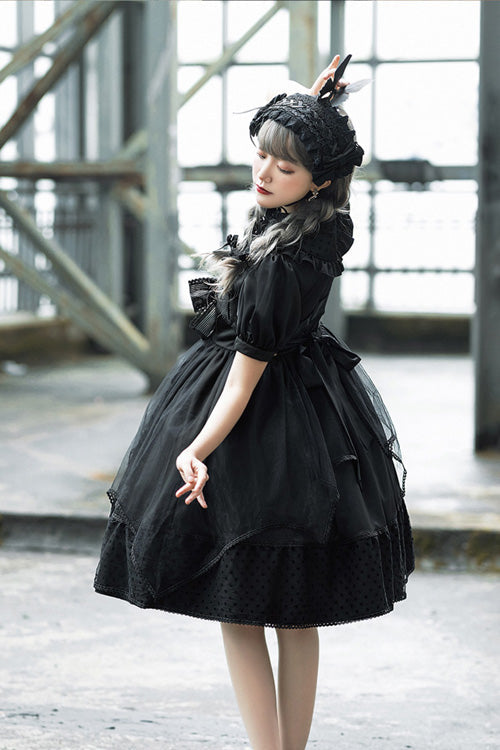 Black Elegant Round Collar Bowknot Short Sleeves High Waisted Gothic Lolita OP Dress