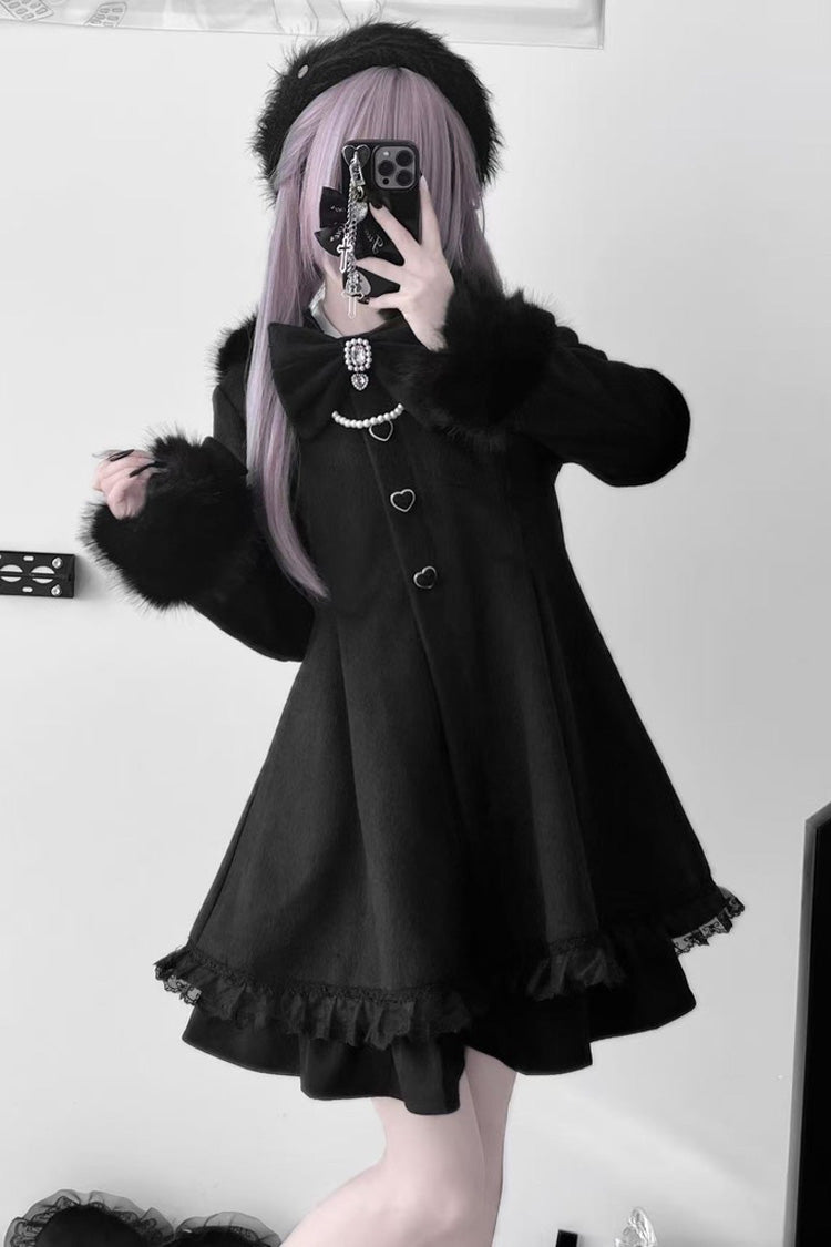 Black Long Sleeves Bowknot Rabbit Ears Detachable Hooded Japanese Jirai Kei Coat