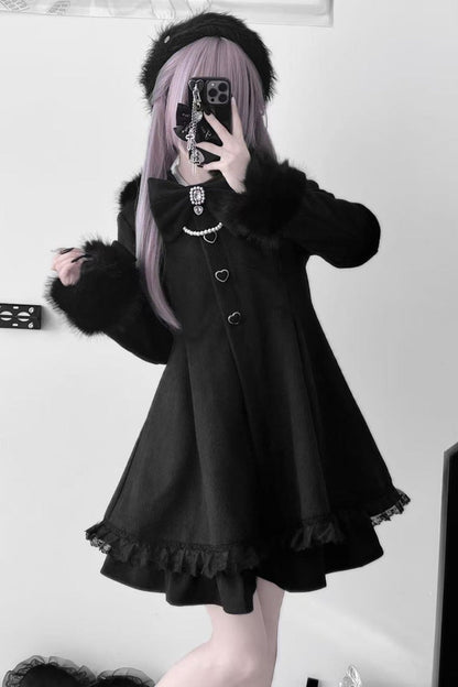 Black Long Sleeves Bowknot Rabbit Ears Detachable Hooded Japanese Jirai Kei Coat