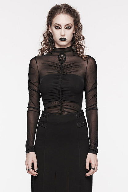 Black Long Sleeves Floral Embroidery Mesh Women's Gothic Blouse