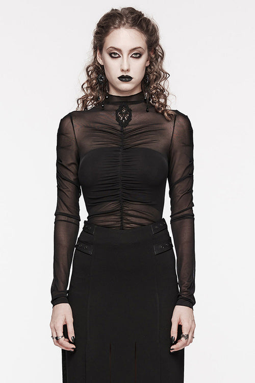 Black Long Sleeves Floral Embroidery Mesh Women's Gothic Blouse