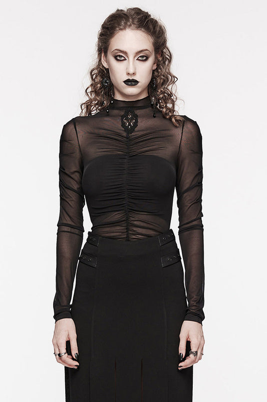 Black Long Sleeves Floral Embroidery Mesh Women's Gothic Blouse